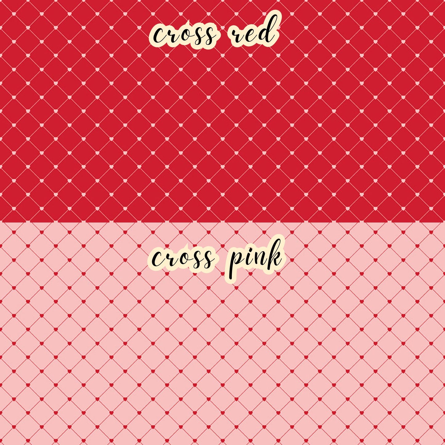 The Letters to Cupid fabric collection, the criss cross pattern features white red criss cross stripes on a red background and red criss cross stripes on a pink background. This 100% cotton quilting fabric is 43"/44" wide and is suitable for quilting, apparel, and home decor.