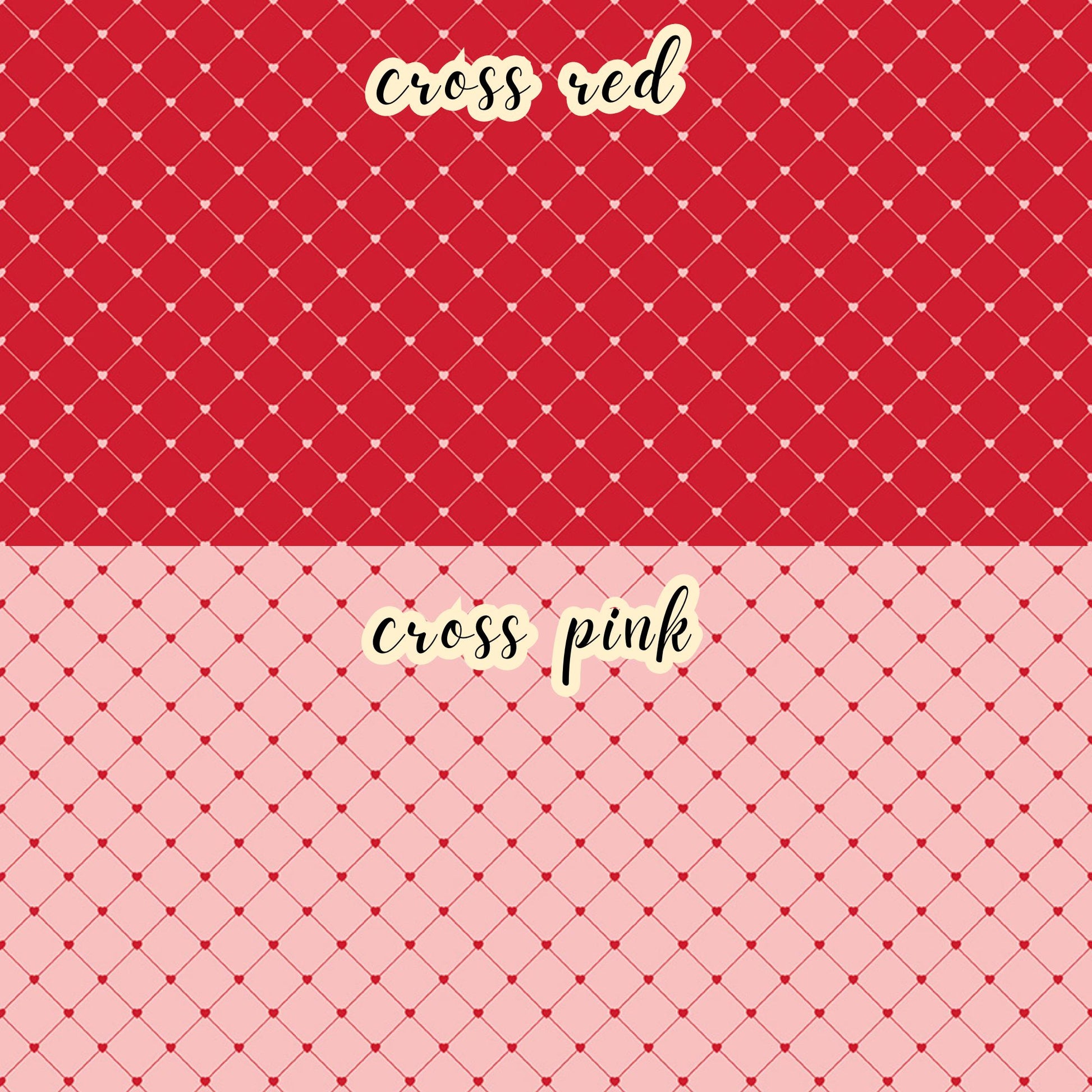 The Letters to Cupid fabric collection, the criss cross pattern features white red criss cross stripes on a red background and red criss cross stripes on a pink background. This 100% cotton quilting fabric is 43"/44" wide and is suitable for quilting, apparel, and home decor.