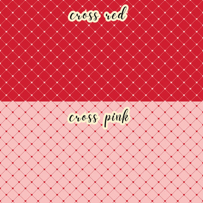 The Letters to Cupid fabric collection, the criss cross pattern features white red criss cross stripes on a red background and red criss cross stripes on a pink background. This 100% cotton quilting fabric is 43"/44" wide and is suitable for quilting, apparel, and home decor.