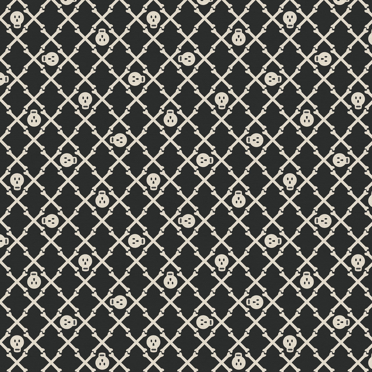 Tricks and Treat 100 cotton fabric collection, this pattern is Crossbones: A classic, simple themed print, often available in black. The collection is designed in a style that is "spooky but sweet" and is printed on 100% premium cotton, making it suitable for quilts and crafty Halloween projects.