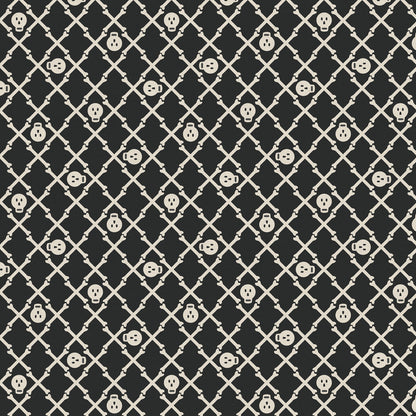 Tricks and Treat 100 cotton fabric collection, this pattern is Crossbones: A classic, simple themed print, often available in black. The collection is designed in a style that is "spooky but sweet" and is printed on 100% premium cotton, making it suitable for quilts and crafty Halloween projects.