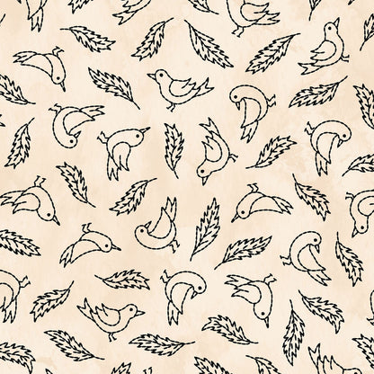 Image is the fabric pattern Crows Cream: Detailed drawings of crows perched on branches, adding a rustic spooky element from the Spooky Stitches Halloween Fabric collection Maywood Studios 100% cotton
