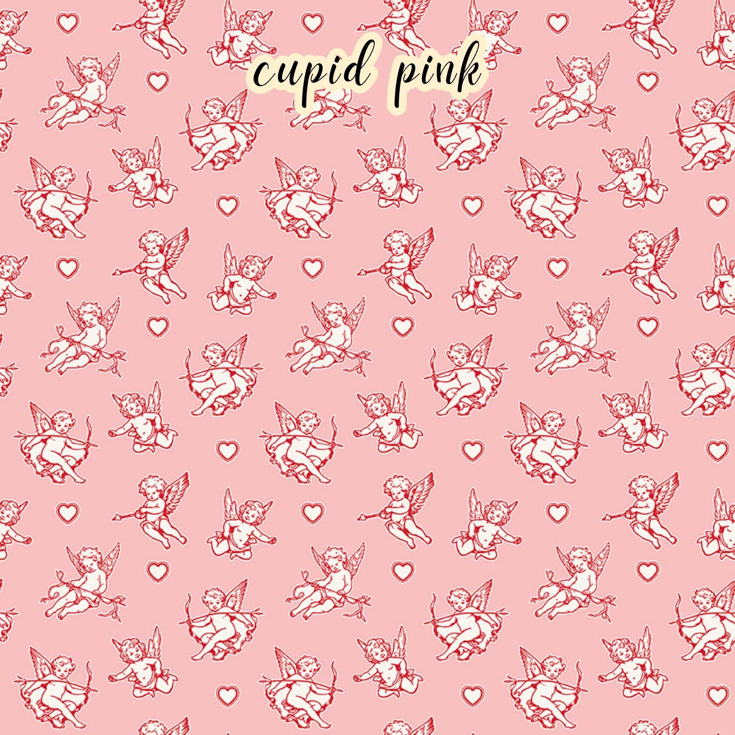The Letters to Cupid fabric collection, the cupid  pink pattern features a white and red cupid with his bow surrounded by hearts on a pink colored background. This 100% cotton quilting fabric is 43"/44" wide and is suitable for quilting, apparel, and home decor.