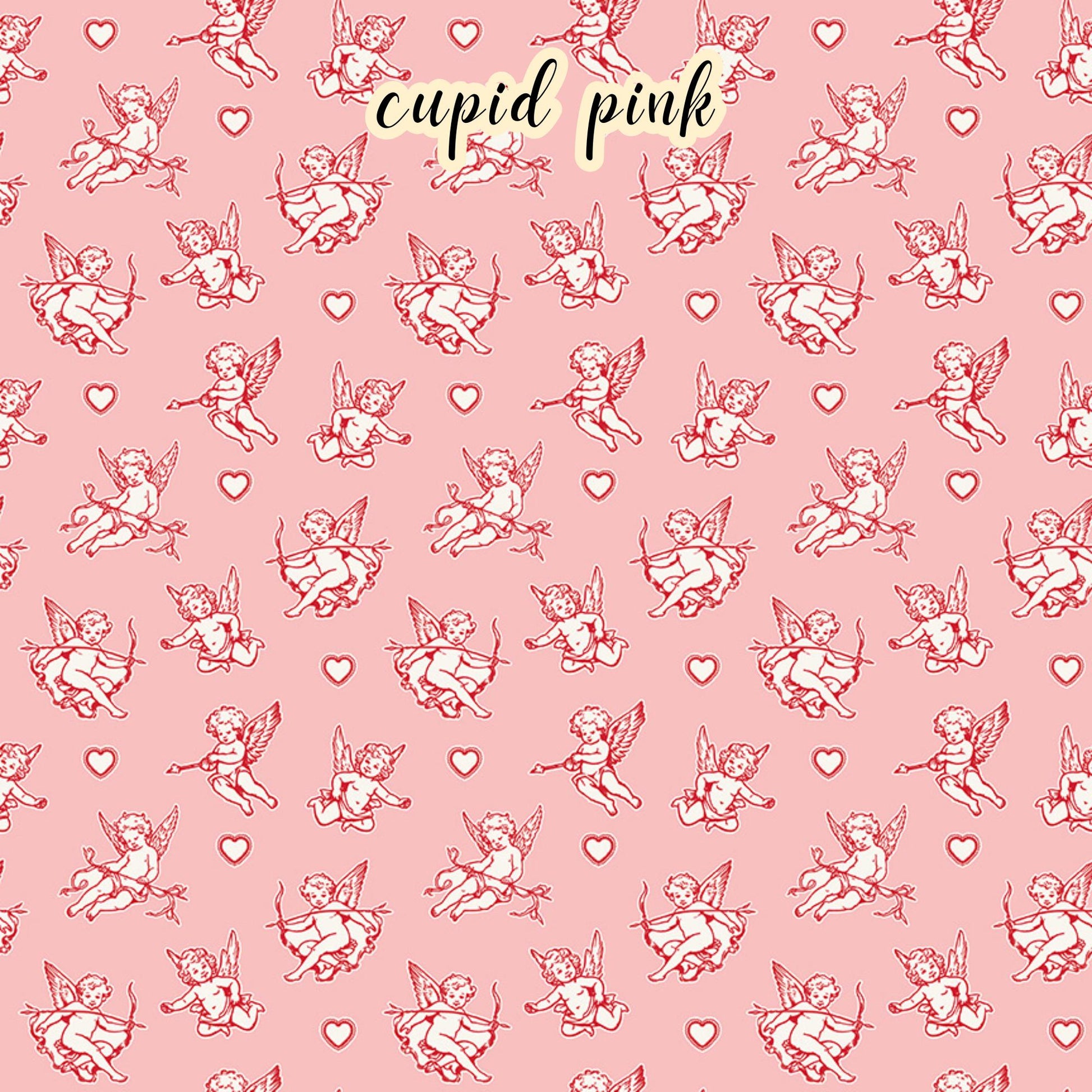 The Letters to Cupid fabric collection, the cupid  pink pattern features a white and red cupid with his bow surrounded by hearts on a pink colored background. This 100% cotton quilting fabric is 43"/44" wide and is suitable for quilting, apparel, and home decor.