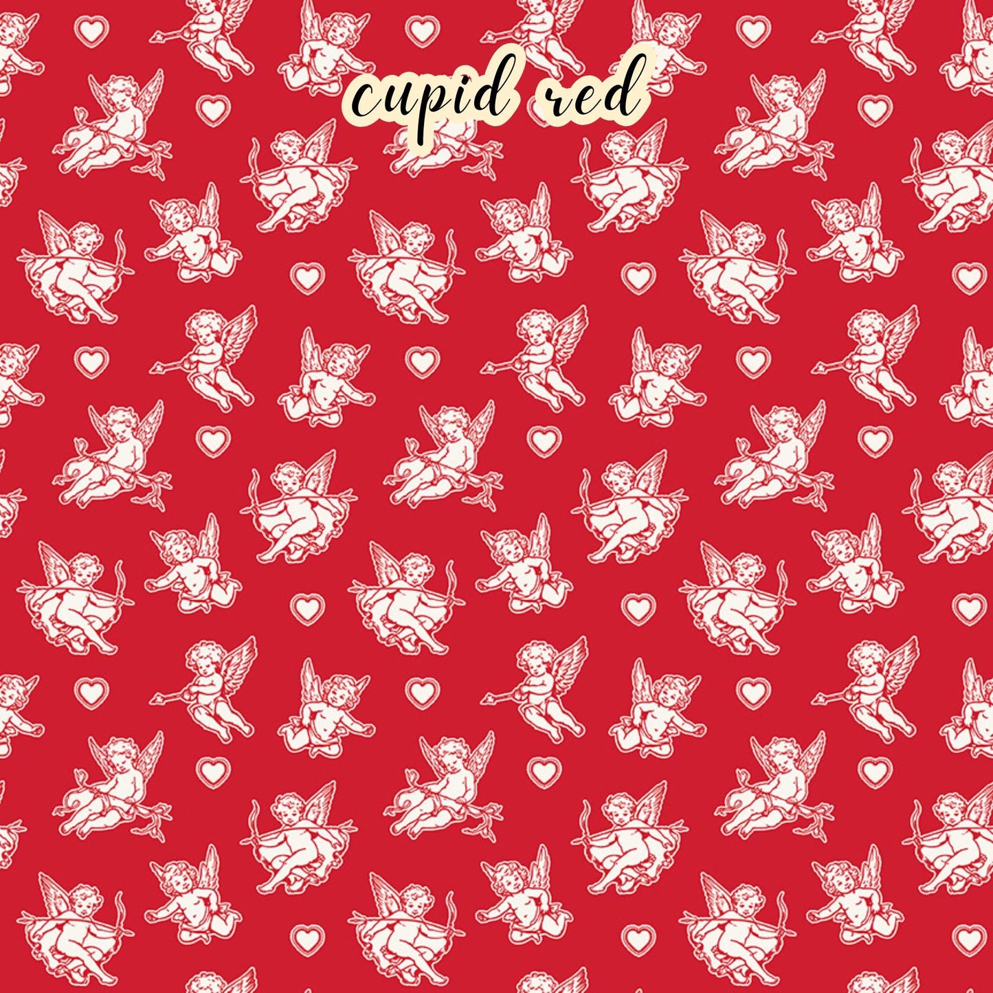 The Letters to Cupid fabric collection, the cupid red pattern features a white cupid with his bow surrounded by hearts on a red colored background. This 100% cotton quilting fabric is 43"/44" wide and is suitable for quilting, apparel, and home decor.