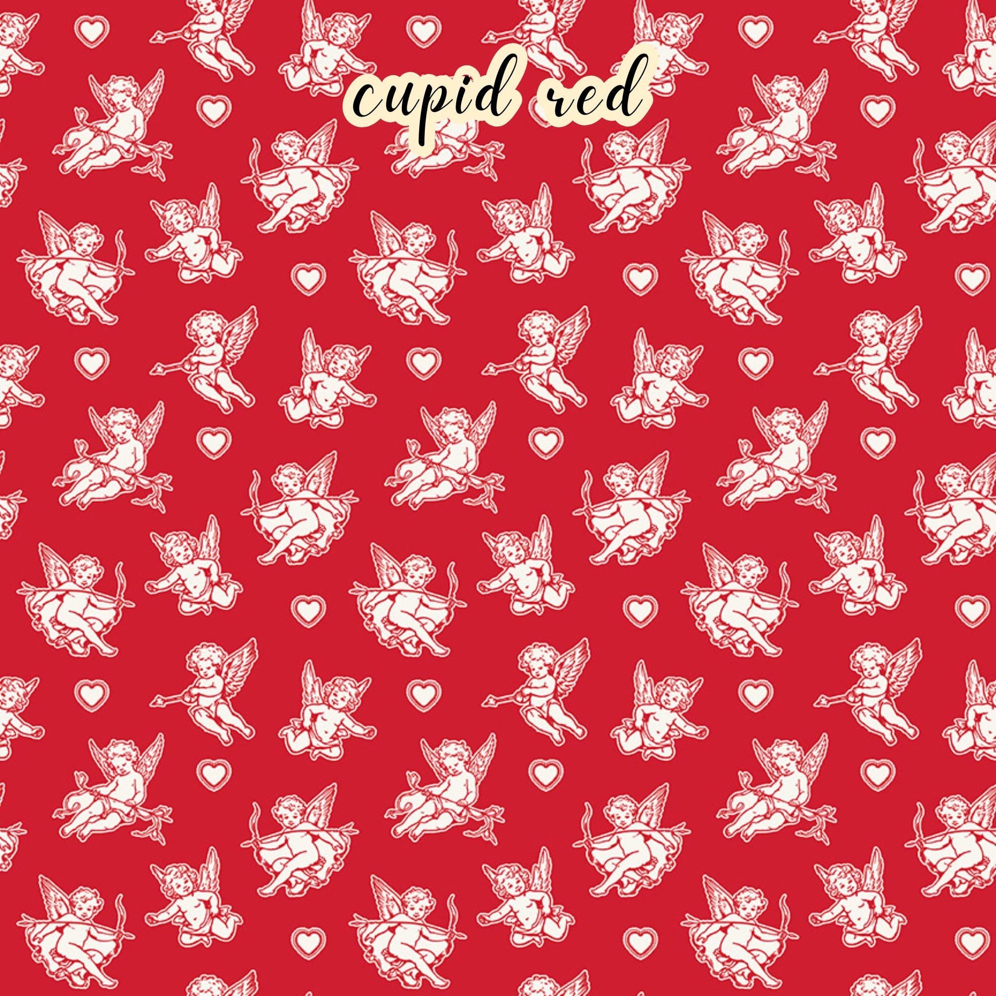 The Letters to Cupid fabric collection, the cupid red pattern features a white cupid with his bow surrounded by hearts on a red colored background. This 100% cotton quilting fabric is 43"/44" wide and is suitable for quilting, apparel, and home decor.