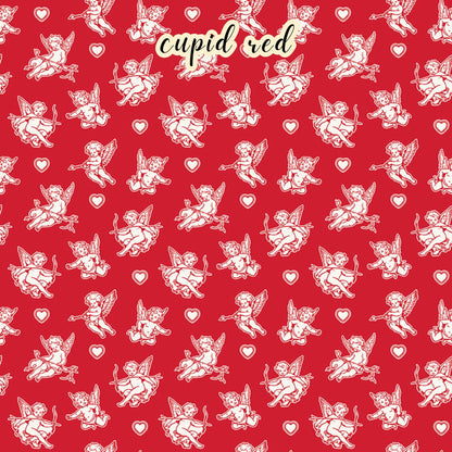 The Letters to Cupid fabric collection, the cupid red pattern features a white cupid with his bow surrounded by hearts on a red colored background. This 100% cotton quilting fabric is 43"/44" wide and is suitable for quilting, apparel, and home decor.
