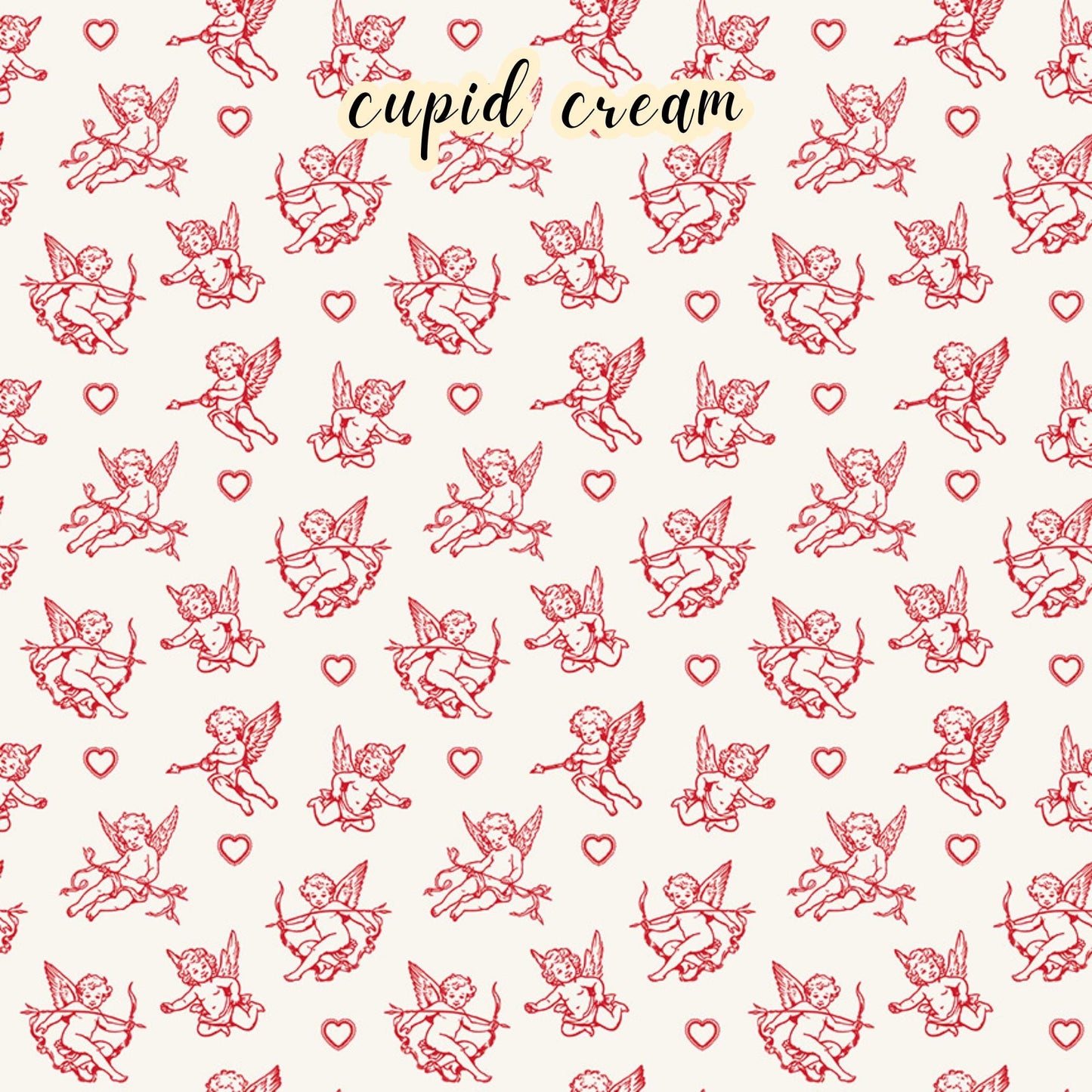 The Letters to Cupid fabric collection, the cupid creme pattern features a red cupid with his bow surrounded by hearts on a crem colored background. This 100% cotton quilting fabric is 43"/44" wide and is suitable for quilting, apparel, and home decor.