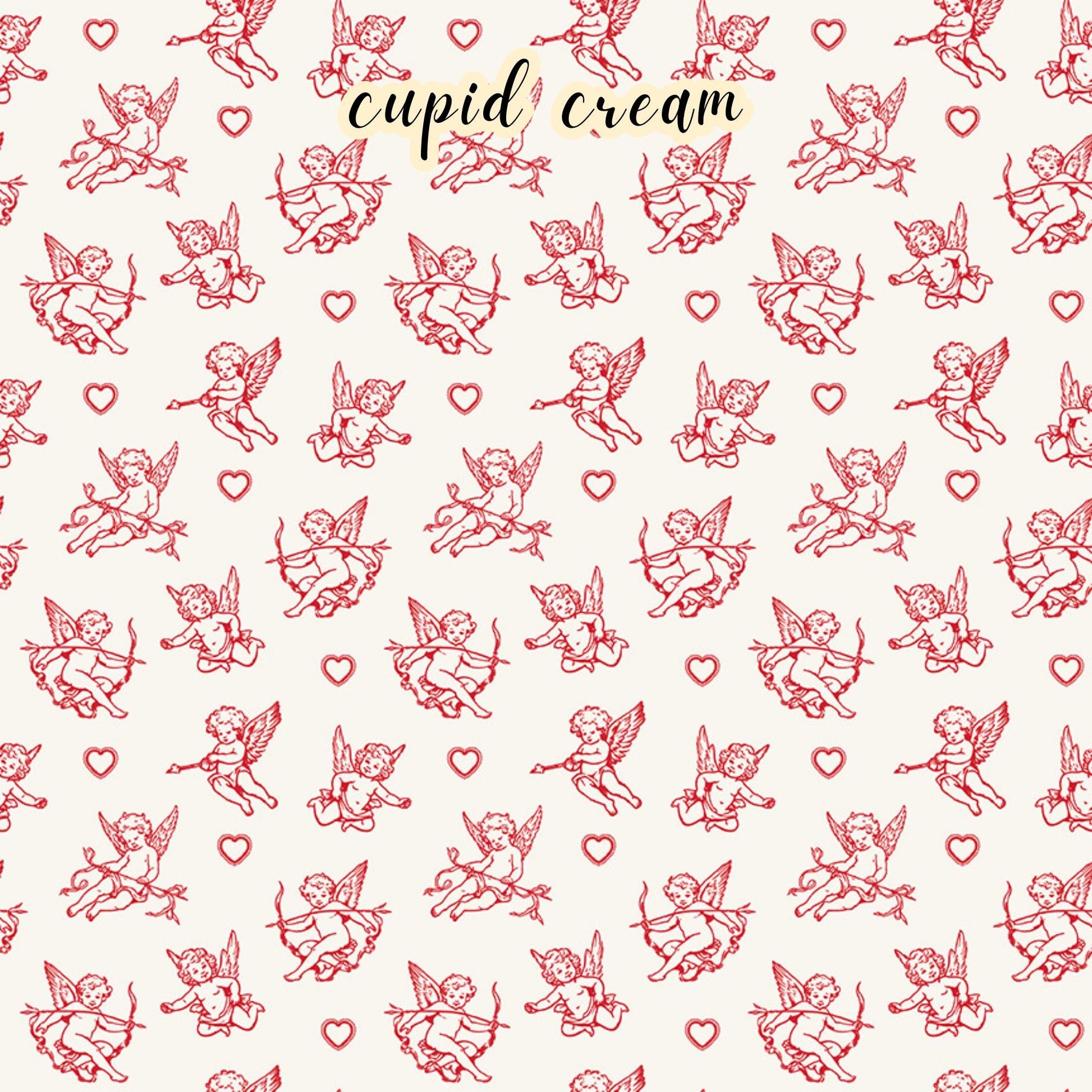 The Letters to Cupid fabric collection, the cupid creme pattern features a red cupid with his bow surrounded by hearts on a crem colored background. This 100% cotton quilting fabric is 43"/44" wide and is suitable for quilting, apparel, and home decor.