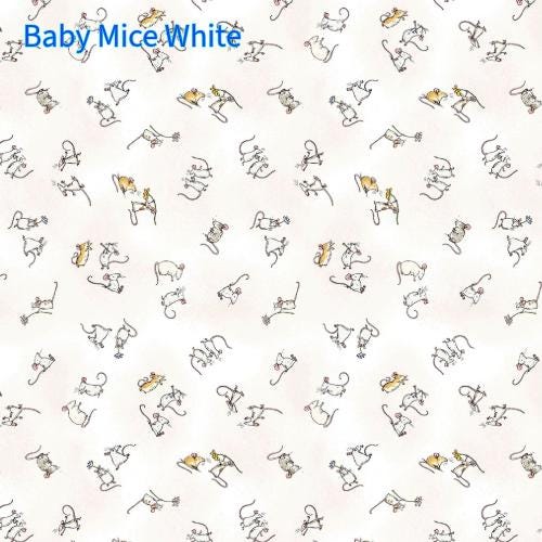 Pattern of small illustrations of baby mice on a white background with text 'Baby Mice White'.