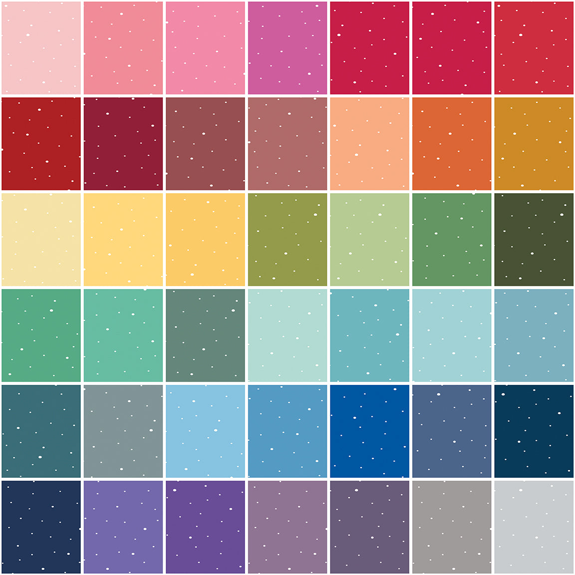 Dapple Dot 5" Stacker precut bundle includes 42 pieces from the Dapple Dot collection by the RBD Designers for Riley Blake Designs. Each color in collection is included 1 time in the bundle EXCEPT Beach, Maple, Brownie, Raisin, Licorice, and Black.&nbsp;