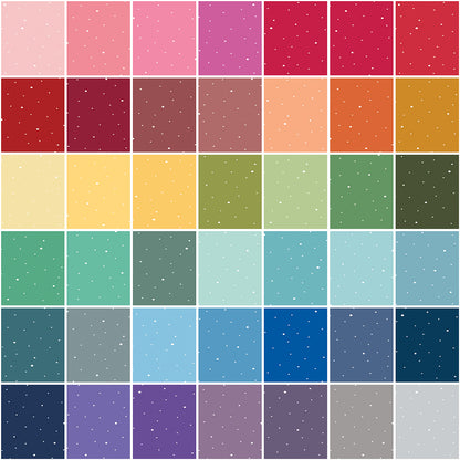 Dapple Dot 5" Stacker precut bundle includes 42 pieces from the Dapple Dot collection by the RBD Designers for Riley Blake Designs. Each color in collection is included 1 time in the bundle EXCEPT Beach, Maple, Brownie, Raisin, Licorice, and Black.&nbsp;
