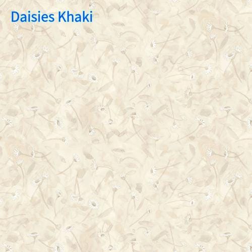 Textured beige fabric with small white floral pattern labeled 'Daisies Khaki'.