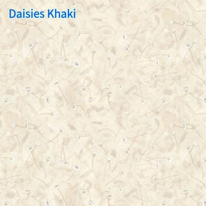 Textured beige fabric with small white floral pattern labeled 'Daisies Khaki'.