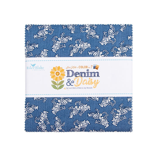 This 5" Stacker precut bundle includes 42 pieces from the Denim & Daisy collection by Lori Holt of Bee in my Bonnet for Riley Blake Designs. The collection pairs classic denim blues with cheerful daisy yellows, warm mustard golds and soft creamy / white backgrounds. It blends vintage-inspired ditsy florals, geometric prints, checks, and true woven denim yardage. Prints will be included 1 to 2 times in the bundle.