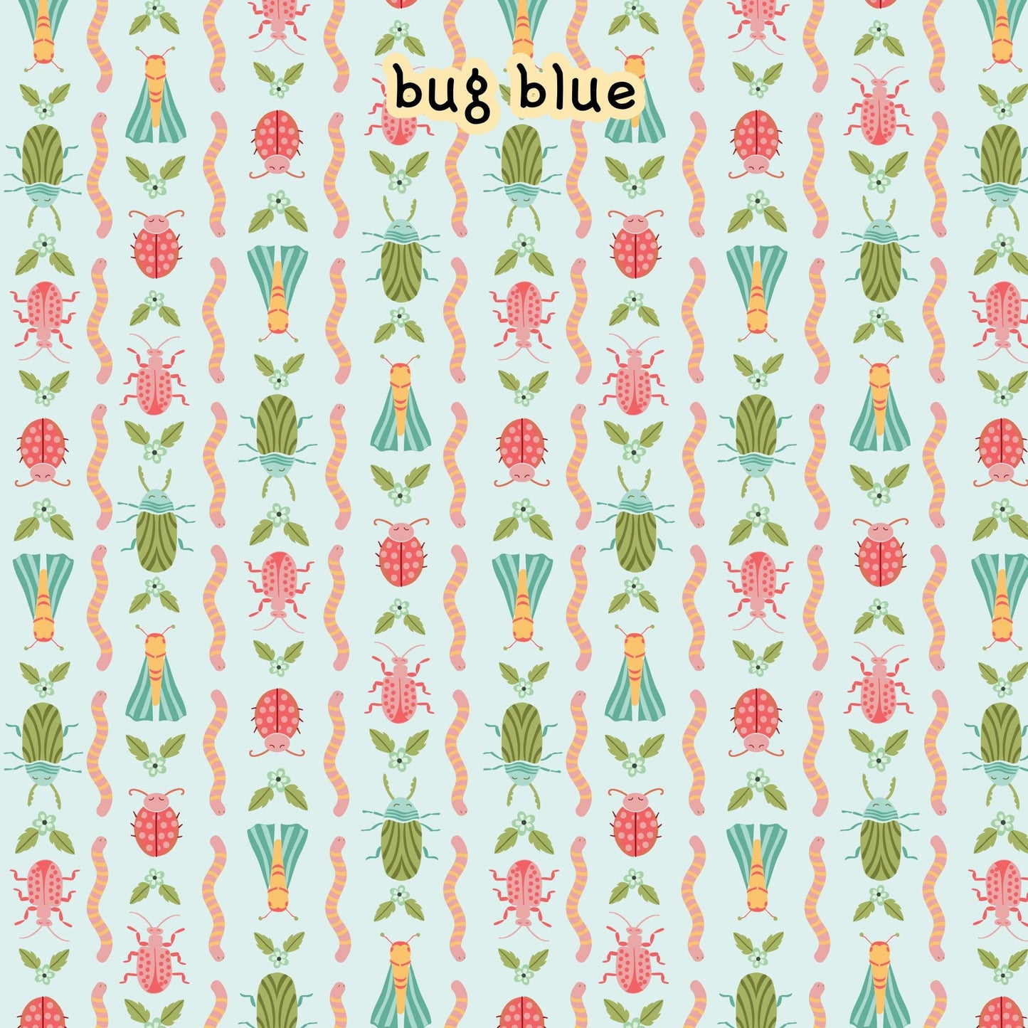 fabric collection Love Bugs 100% organic cotton fabric with a pattern of colorful spring themed insects, worms, and floral elements on a light blue background. The design includes green, pink, and blue spring themed insects.  Quilting, crafts, home decor, apparel sewing