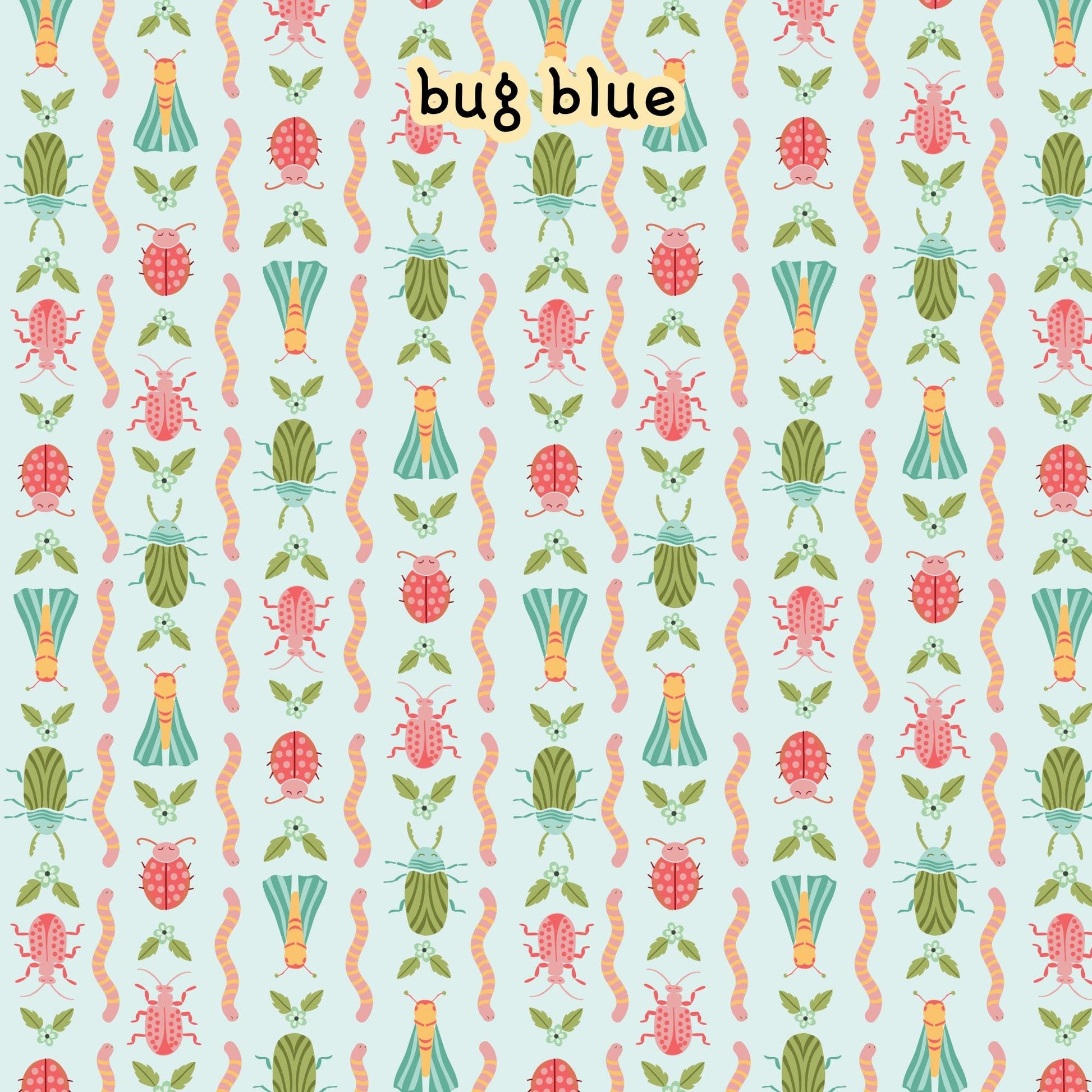 fabric collection Love Bugs 100% organic cotton fabric with a pattern of colorful spring themed insects, worms, and floral elements on a light blue background. The design includes green, pink, and blue spring themed insects.  Quilting, crafts, home decor, apparel sewing