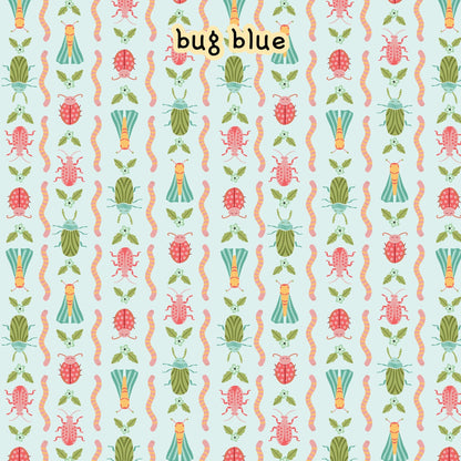 fabric collection Love Bugs 100% organic cotton fabric with a pattern of colorful spring themed insects, worms, and floral elements on a light blue background. The design includes green, pink, and blue spring themed insects.  Quilting, crafts, home decor, apparel sewing