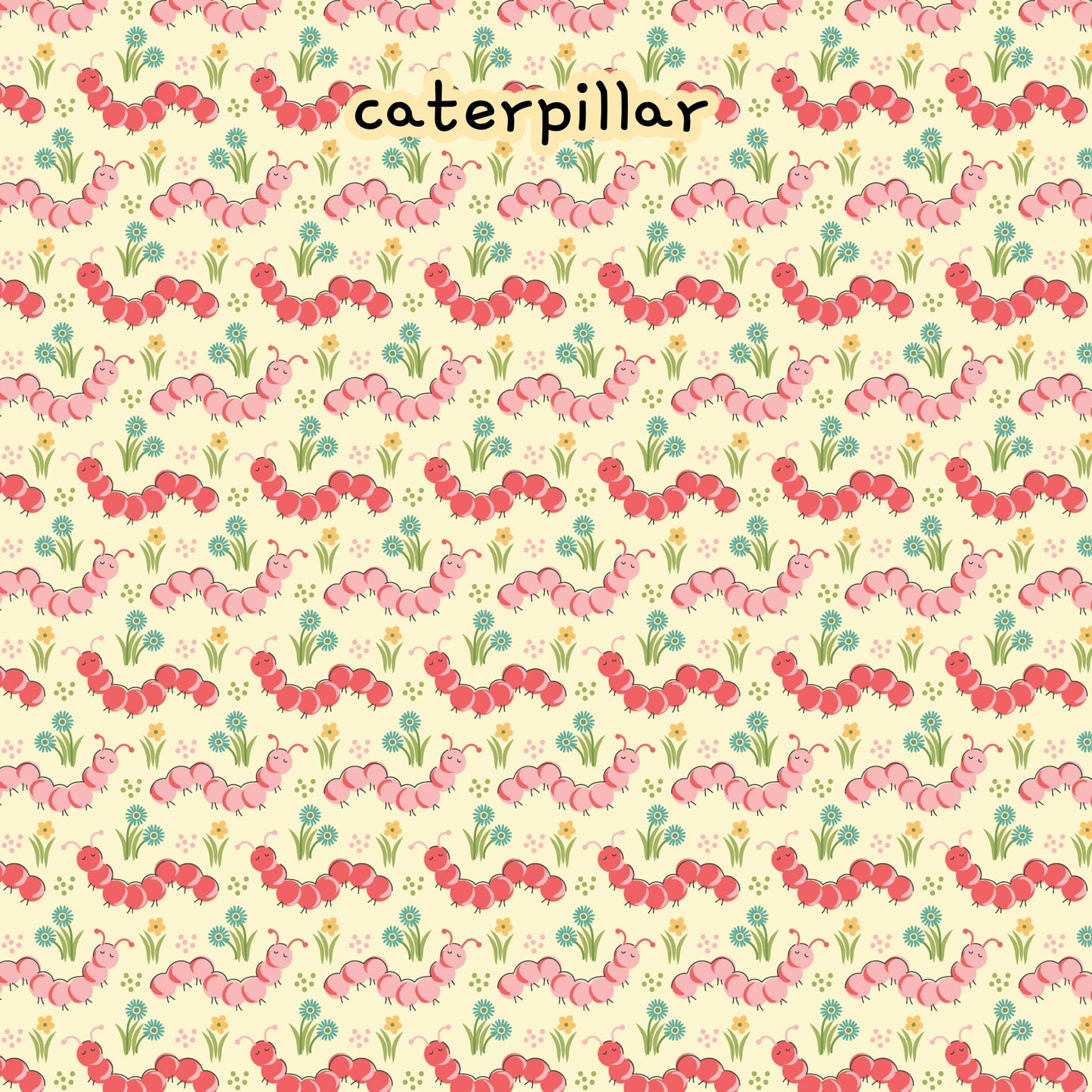 fabric collection love bugs 100% organic cotton fabric spring themed small floral pattern with red and pink caterpillars on a yellow background.  Quilting, crafts, home decor, apparel sewing