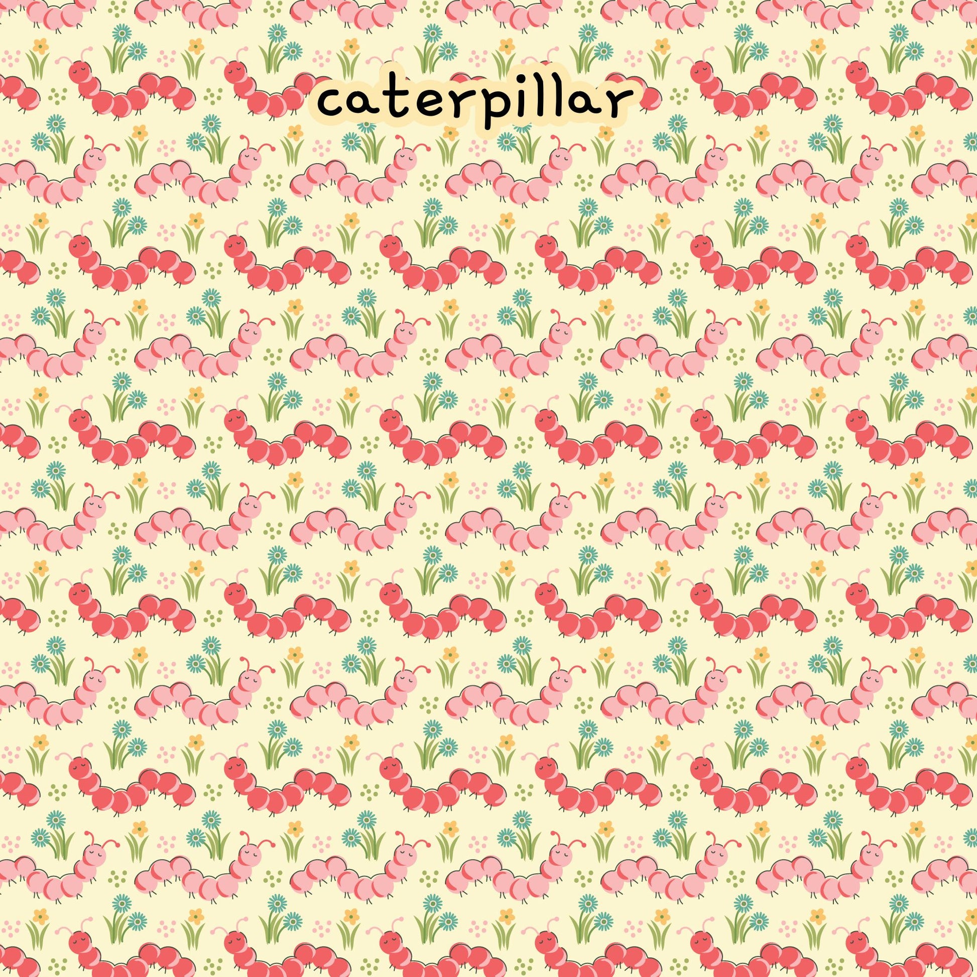 fabric collection love bugs 100% organic cotton fabric spring themed small floral pattern with red and pink caterpillars on a yellow background.  Quilting, crafts, home decor, apparel sewing