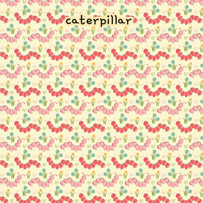 fabric collection love bugs 100% organic cotton fabric spring themed small floral pattern with red and pink caterpillars on a yellow background.  Quilting, crafts, home decor, apparel sewing