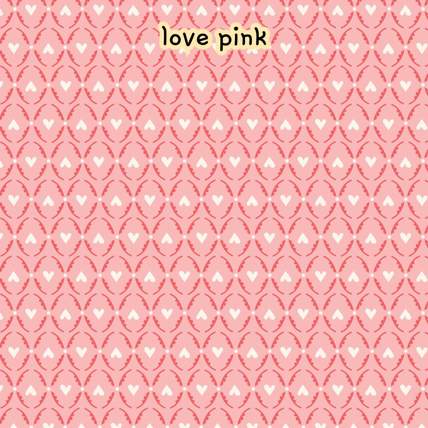 fabric collection Love Bugs 100% organic cotton fabric with a pink pattern with white hearts and oval shapes. The design is repeated across the image. Quilting, crafts, home decor, apparel sewing