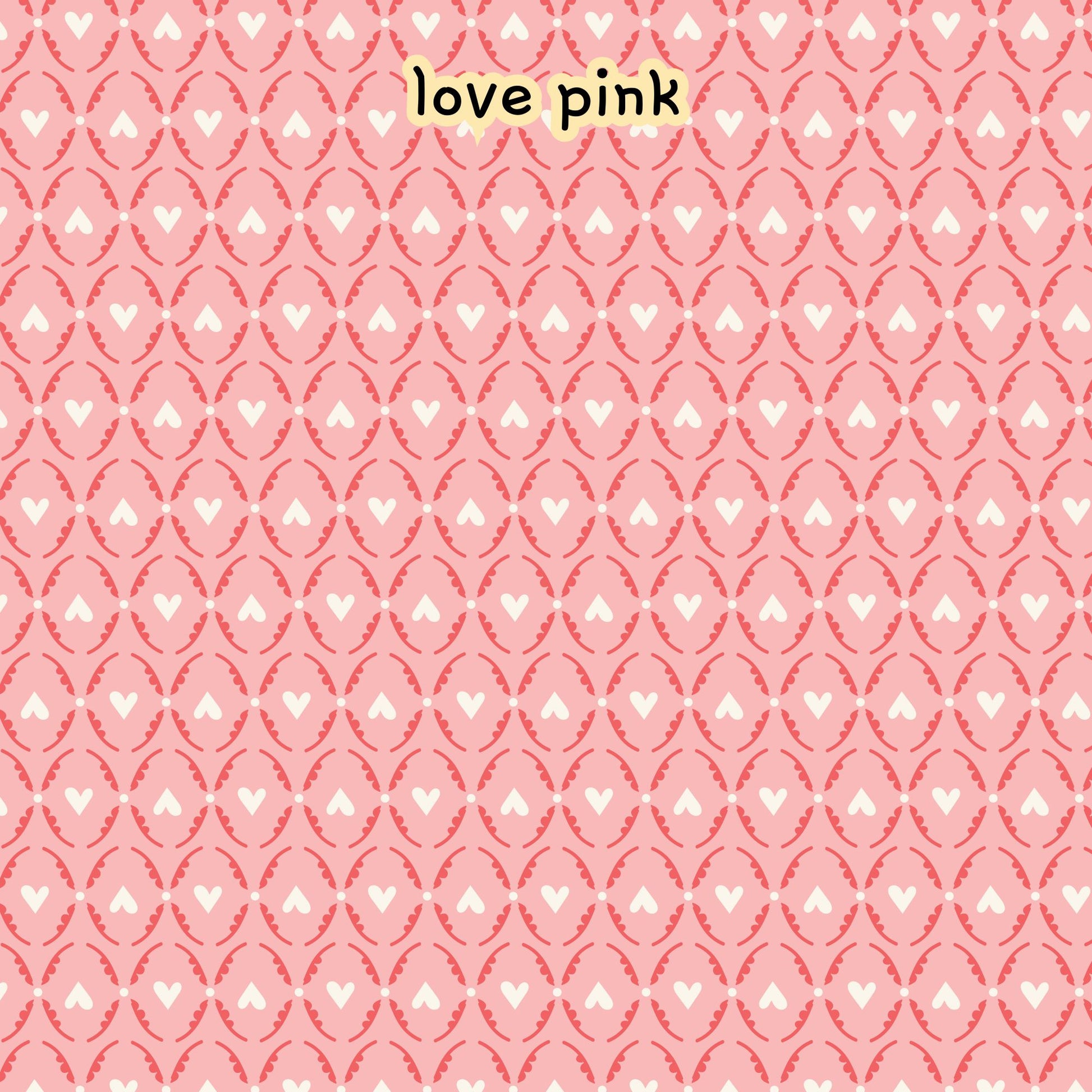 fabric collection Love Bugs 100% organic cotton fabric with a pink pattern with white hearts and oval shapes. The design is repeated across the image. Quilting, crafts, home decor, apparel sewing