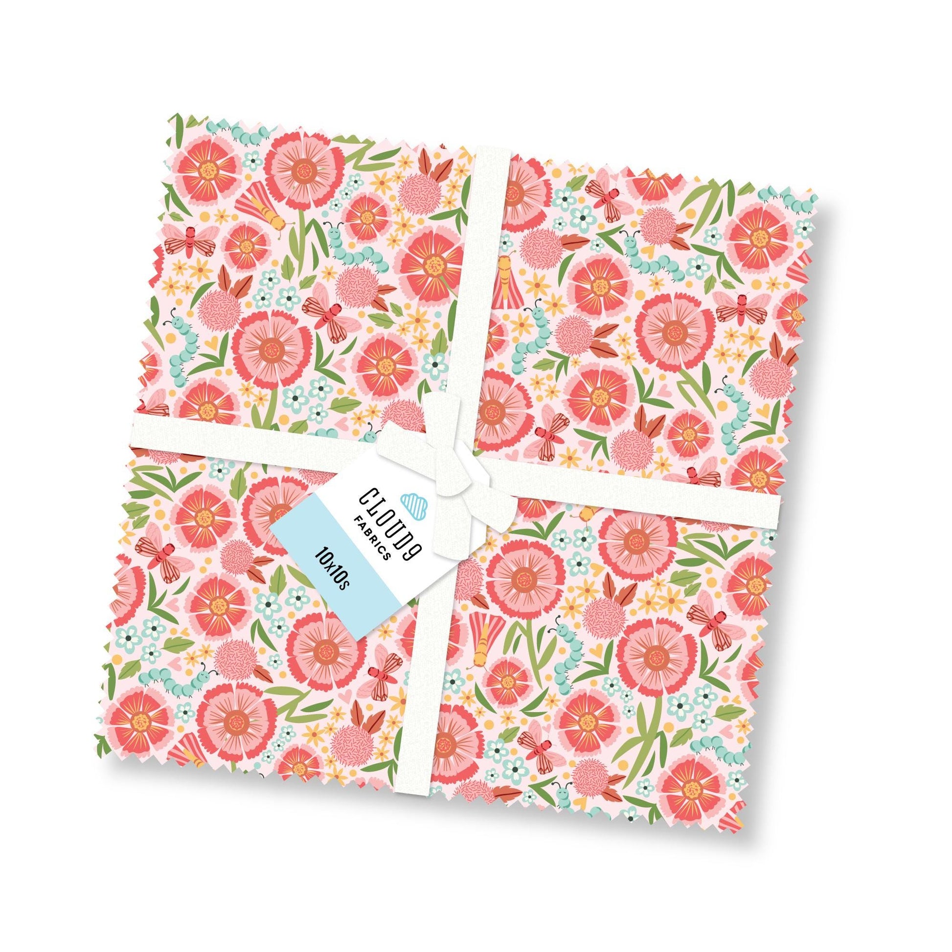 LOVE BUGS" 100% organic cotton fabric collection from Cloud9, 10" stacker bundle  spring theme  bugs and flowers. 