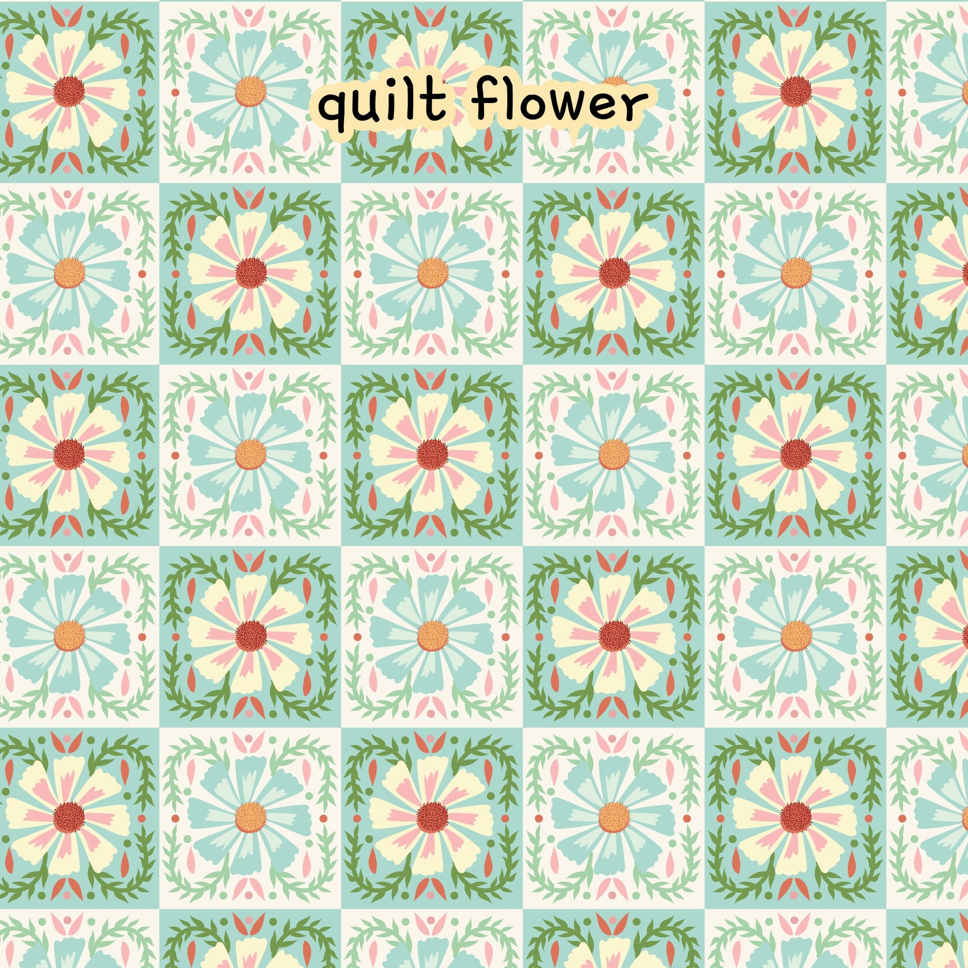 fabric collection Love Bugs 100% organic cotton fabric spring themed small white and teal daisies with inside a quilt like block pattern with different shades of green, teal on a white background.  Quilting, crafts, home decor, apparel sewing