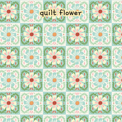 fabric collection Love Bugs 100% organic cotton fabric spring themed small white and teal daisies with inside a quilt like block pattern with different shades of green, teal on a white background.  Quilting, crafts, home decor, apparel sewing