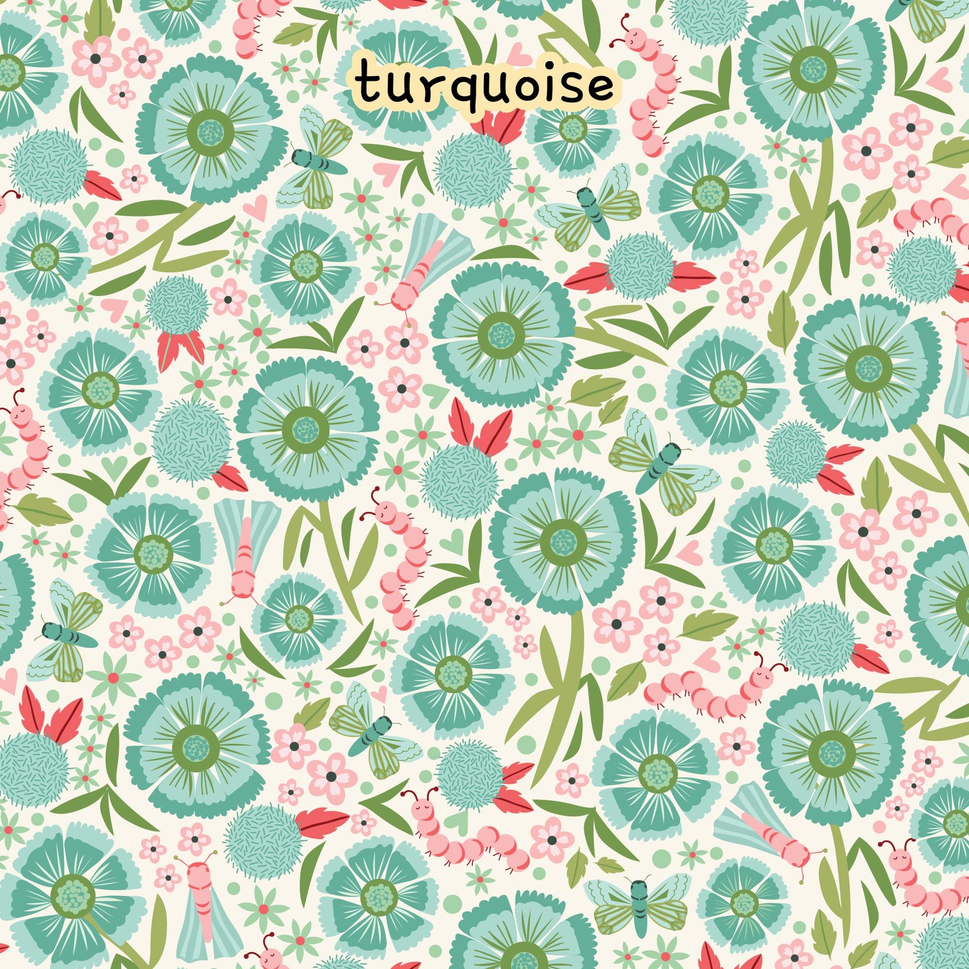 Fabric collection Lovebugs 100% organic cotton fabric with a pattern featuring turquoise flowers, butterflies, and pink caterpillars on a white background. Green leaves and small pink flowers complete the design.  Quilting, crafts, home decor, apparel sewing