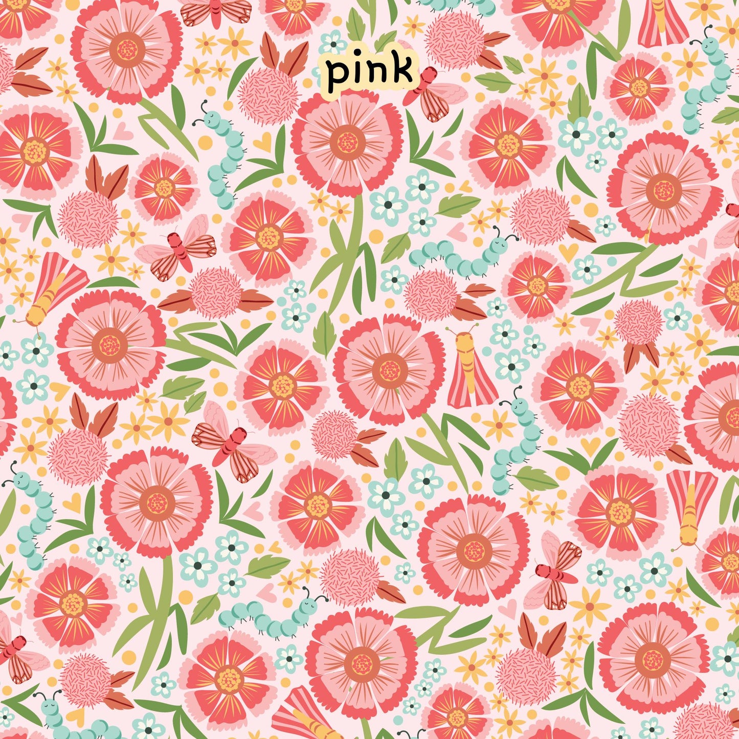 Cotton fabric Collection Lovebugs this pattern is a floral pattern featuring pink flowers, butterflies, blue caterpillars, and other botanical elements on a white background. The design is a repeating pattern. Quilting, crafts, home decor, apparel sewing