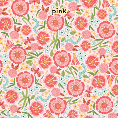 Cotton fabric Collection Lovebugs this pattern is a floral pattern featuring pink flowers, butterflies, blue caterpillars, and other botanical elements on a white background. The design is a repeating pattern. Quilting, crafts, home decor, apparel sewing
