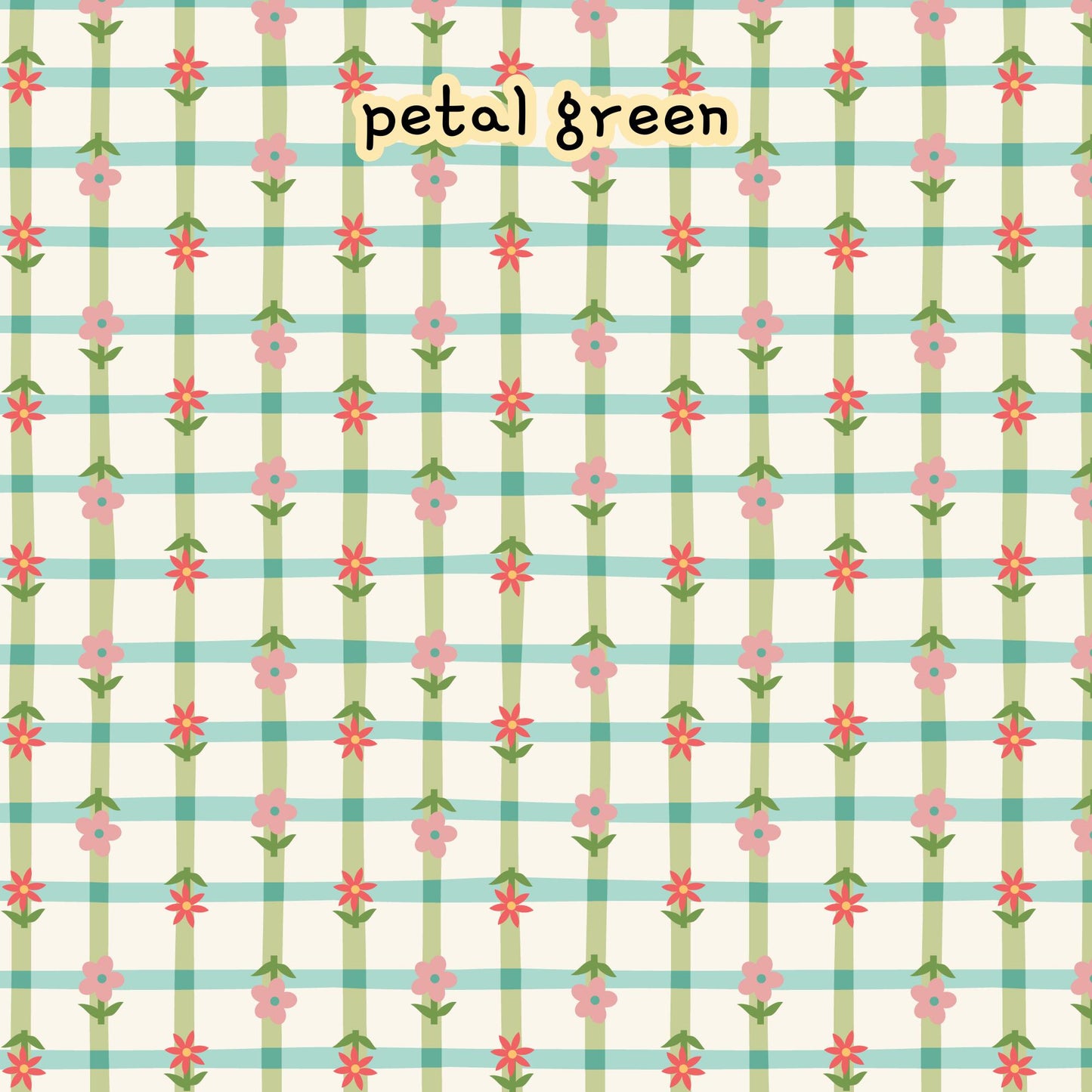 Fabric collection Lovebugs 100% organic cotton fabric with a pattern featuring pink and red flowers with green stems and leaves, set against a light background with a grid of light green and blue stripes. Quilting, crafts, home decor, apparel sewing