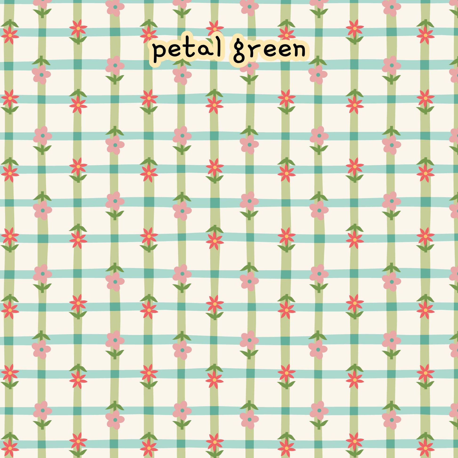 Fabric collection Lovebugs 100% organic cotton fabric with a pattern featuring pink and red flowers with green stems and leaves, set against a light background with a grid of light green and blue stripes. Quilting, crafts, home decor, apparel sewing