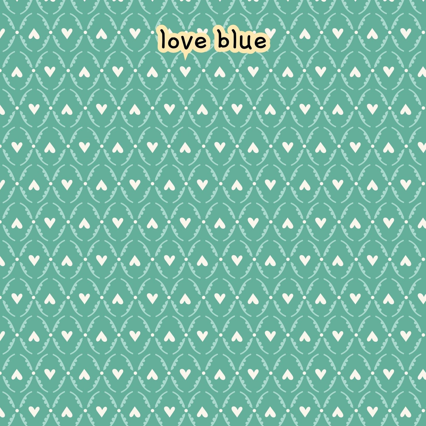 fabric collection Love Bugs 100% organic cotton fabric with a teal background and pattern of white hearts and dotted lines. Quilting, crafts, home decor, apparel sewing