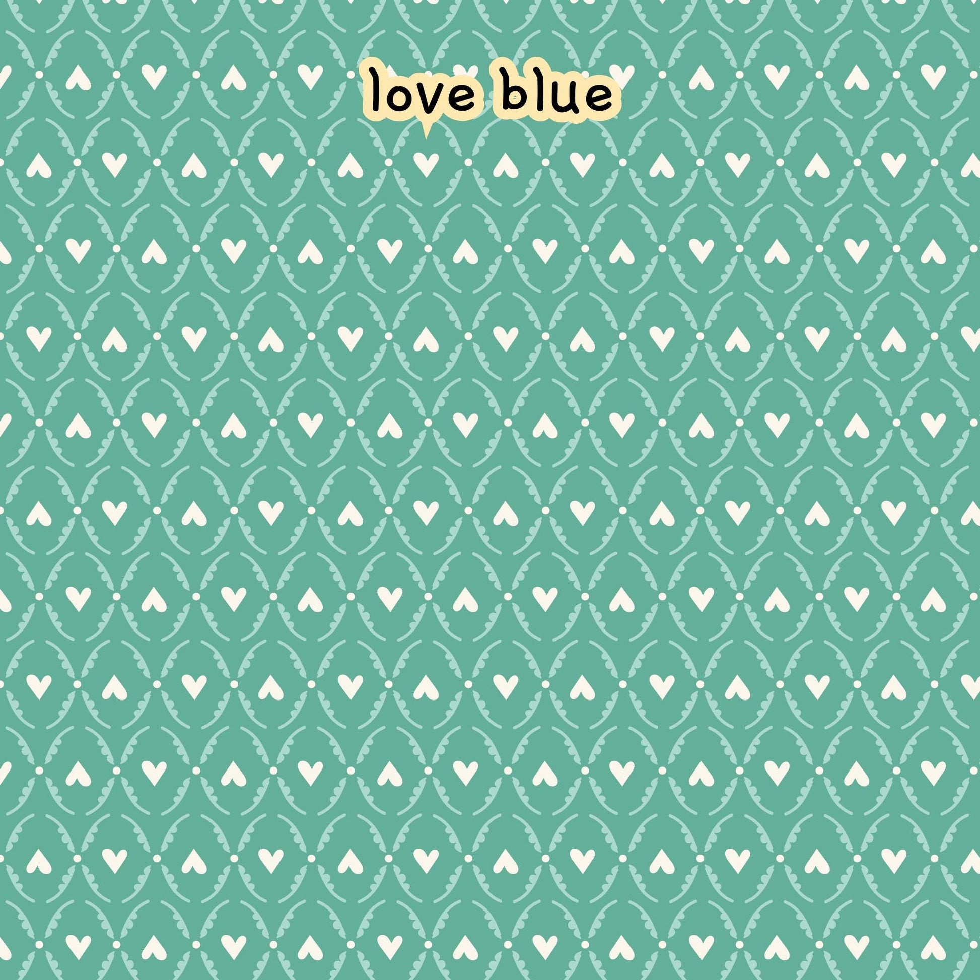 fabric collection Love Bugs 100% organic cotton fabric with a teal background and pattern of white hearts and dotted lines. Quilting, crafts, home decor, apparel sewing