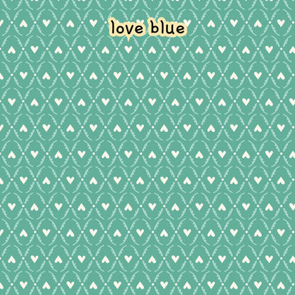 fabric collection Love Bugs 100% organic cotton fabric with a teal background and pattern of white hearts and dotted lines. Quilting, crafts, home decor, apparel sewing