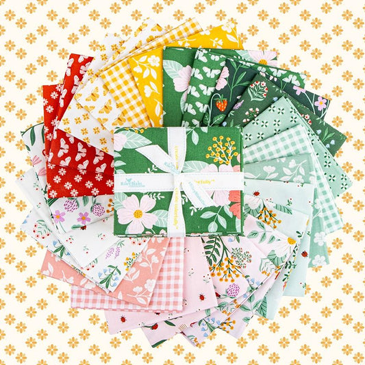 fabric collection meadow moments fat quarter bundle riley blake picture shows  pieces included  which are floral fabric patterns with some gingham and blenders
