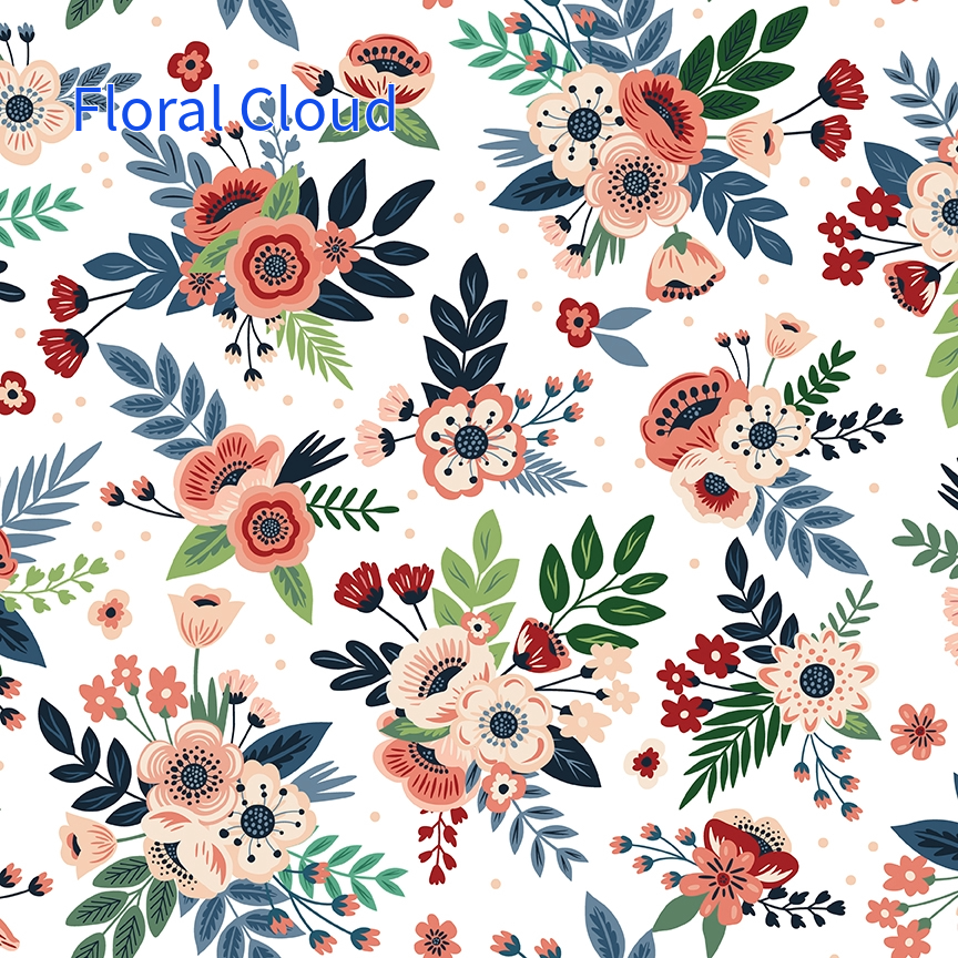 cotton fabric spoonful of sugar collection Floral bouquet pattern with pink, red, and white flowers set against a white background