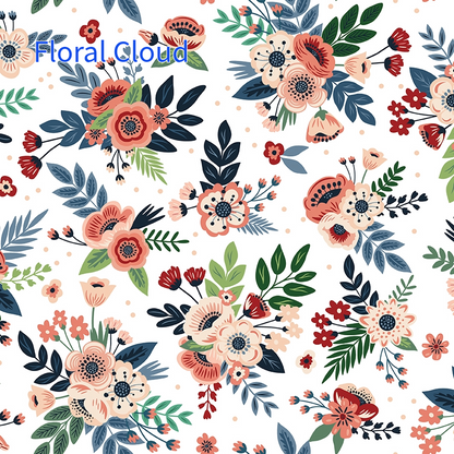 cotton fabric spoonful of sugar collection Floral bouquet pattern with pink, red, and white flowers set against a white background