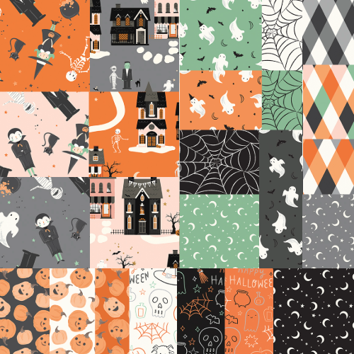 Cotton fabric Frank and Friends Collection. Collage of various Halloween-themed patterns including ghosts, pumpkins, and houses.