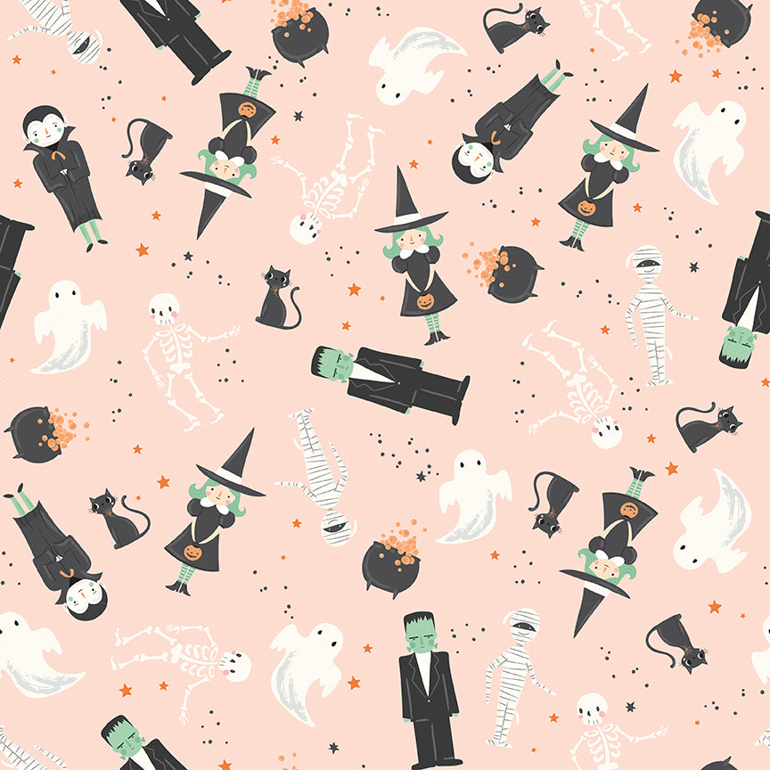cotton fabric Frank and Friends collection Halloween themed pattern with ghosts, witches, cats, and other characters on a pink background.