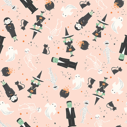 cotton fabric Frank and Friends collection Halloween themed pattern with ghosts, witches, cats, and other characters on a pink background.