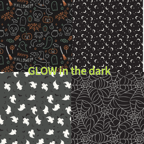 cotton fabric frank and friends collection collage Halloween-themed patterns that glow in the dark