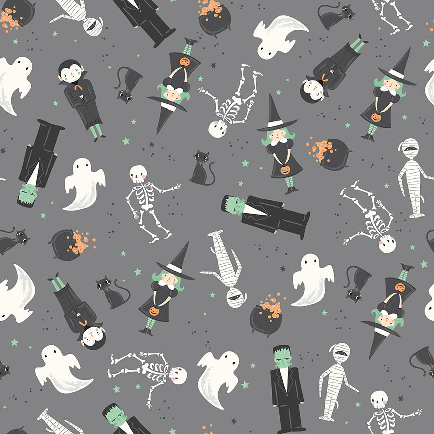 cotton fabric Frank and Friends collection Halloween-themed pattern with ghosts, skeletons, and other characters on a gray background.