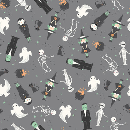 cotton fabric Frank and Friends collection Halloween-themed pattern with ghosts, skeletons, and other characters on a gray background.