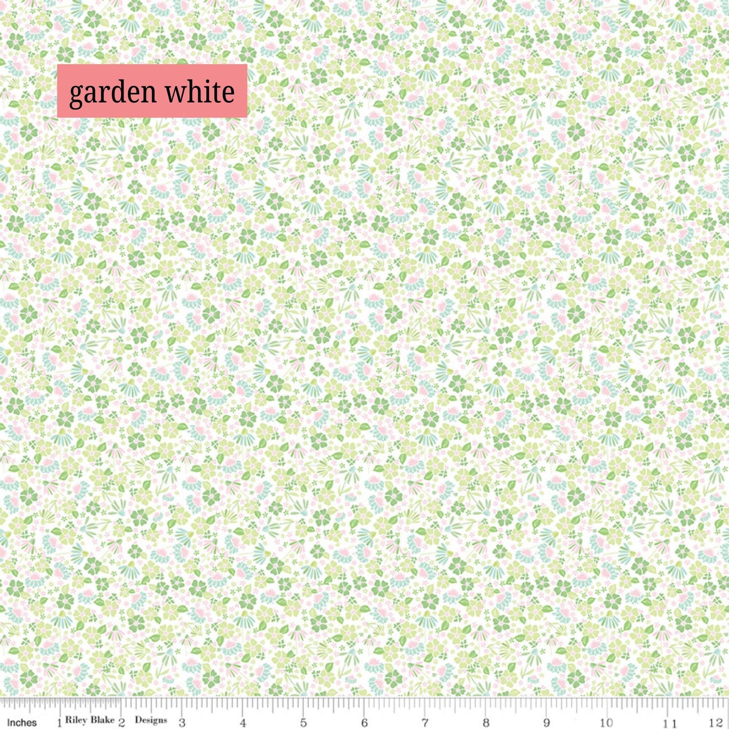 Fabric Pattern Garden (White & Tea Rose): A dense scatter of delicate, dainty flowers and leaves that give a nostalgic and vintage aesthetic. The Summer Skies and Fireflies Collection by Gracey Larson for Riley Blake Designs is inspired by nostalgic, warm summer evenings. The fabric line captures the charm of twinkling stars, picnic lunches, and fireflies dancing at dusk 
