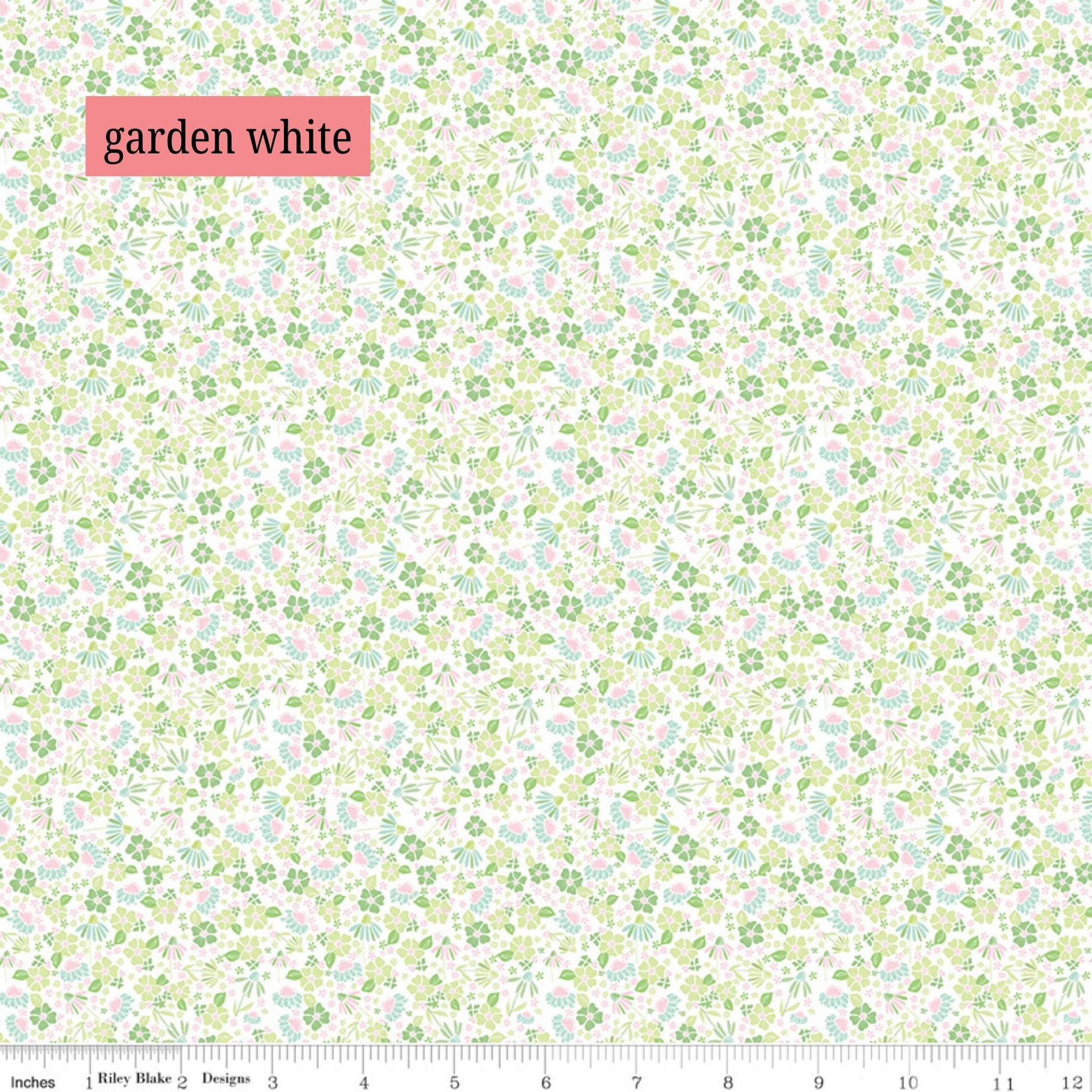 Fabric Pattern Garden (White & Tea Rose): A dense scatter of delicate, dainty flowers and leaves that give a nostalgic and vintage aesthetic. The Summer Skies and Fireflies Collection by Gracey Larson for Riley Blake Designs is inspired by nostalgic, warm summer evenings. The fabric line captures the charm of twinkling stars, picnic lunches, and fireflies dancing at dusk 