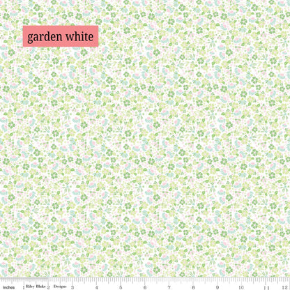Fabric Pattern Garden (White & Tea Rose): A dense scatter of delicate, dainty flowers and leaves that give a nostalgic and vintage aesthetic. The Summer Skies and Fireflies Collection by Gracey Larson for Riley Blake Designs is inspired by nostalgic, warm summer evenings. The fabric line captures the charm of twinkling stars, picnic lunches, and fireflies dancing at dusk 